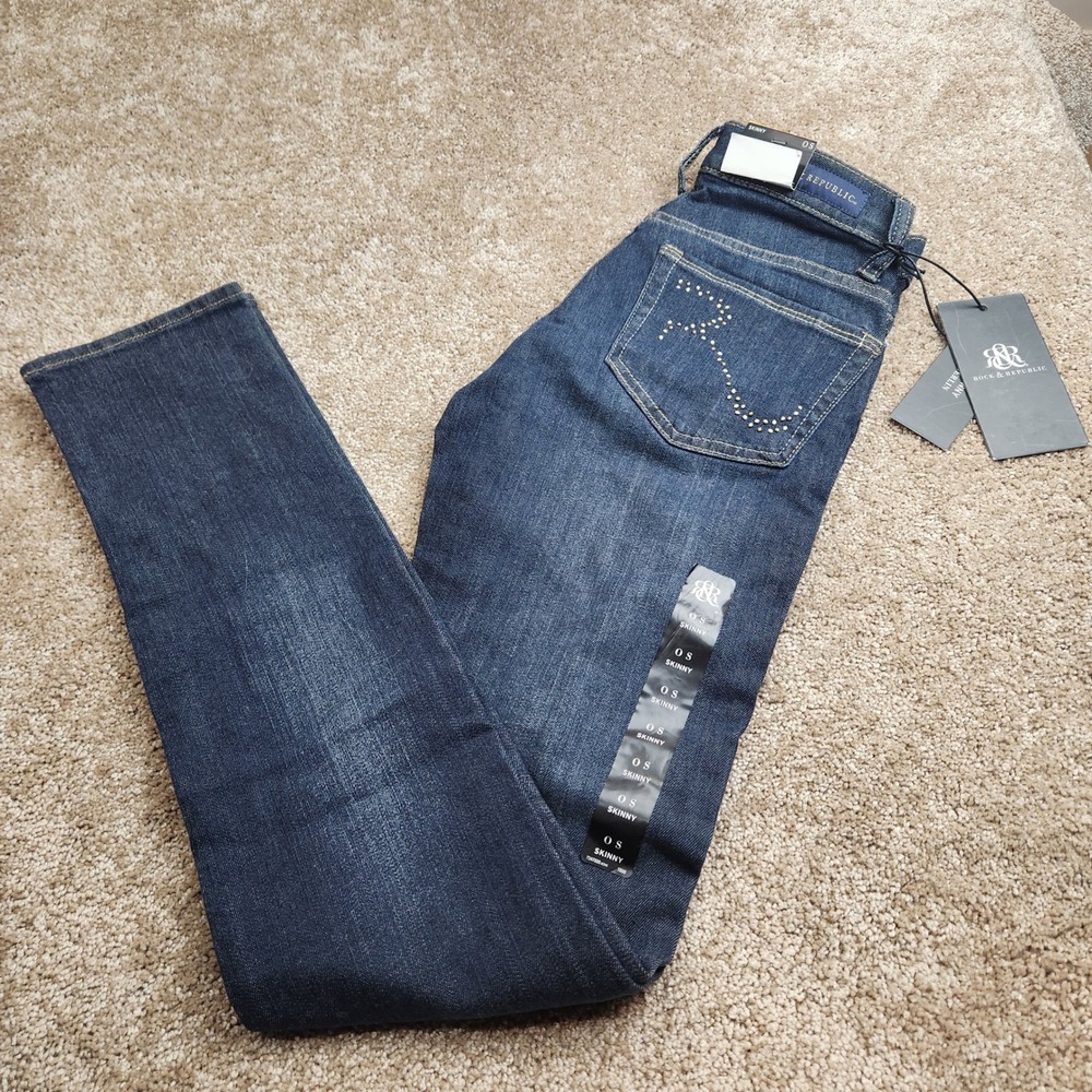 Rock & Republic Skinny Jeans Luna Pie Dark Wash Studded Pocket 0S NWT R010128